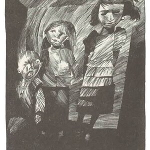 K&ouml;nnte beinhalten: Schwarz-Wei&szlig;-Illustration von drei Figuren. Ein Baby steht links, ein M&auml;dchen in der Mitte und ein weiteres rechts. Die Figuren sind in einem strukturierten, skizzenhaften Stil gezeichnet, der eine d&uuml;stere Stimmung erzeugt.