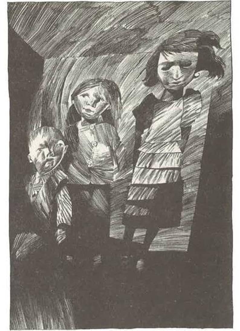 K&ouml;nnte beinhalten: Schwarz-Wei&szlig;-Illustration von drei Figuren. Ein Baby steht links, ein M&auml;dchen in der Mitte und ein weiteres rechts. Die Figuren sind in einem strukturierten, skizzenhaften Stil gezeichnet, der eine d&uuml;stere Stimmung erzeugt.