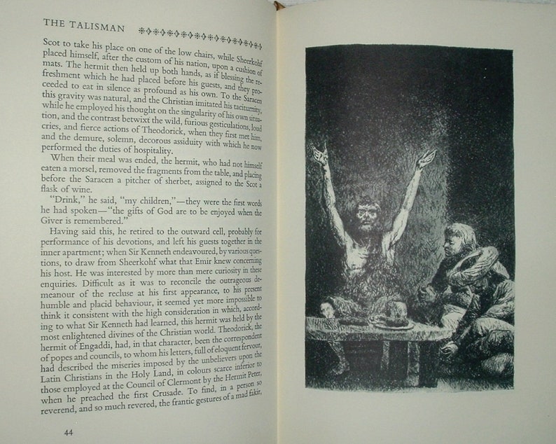 May include: A black and white illustration of a scene from a book. A man with his arms raised is sitting at a table with another man. The text "The Talisman" is visible at the top of the page.