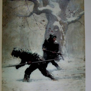 May include: An illustration of two figures in dark clothing walking through a snowy landscape, each holding a long, thin object. A large tree with bare branches is in the background. The text at the bottom reads: "And Lawless, keeping half a step in front of his companion..."