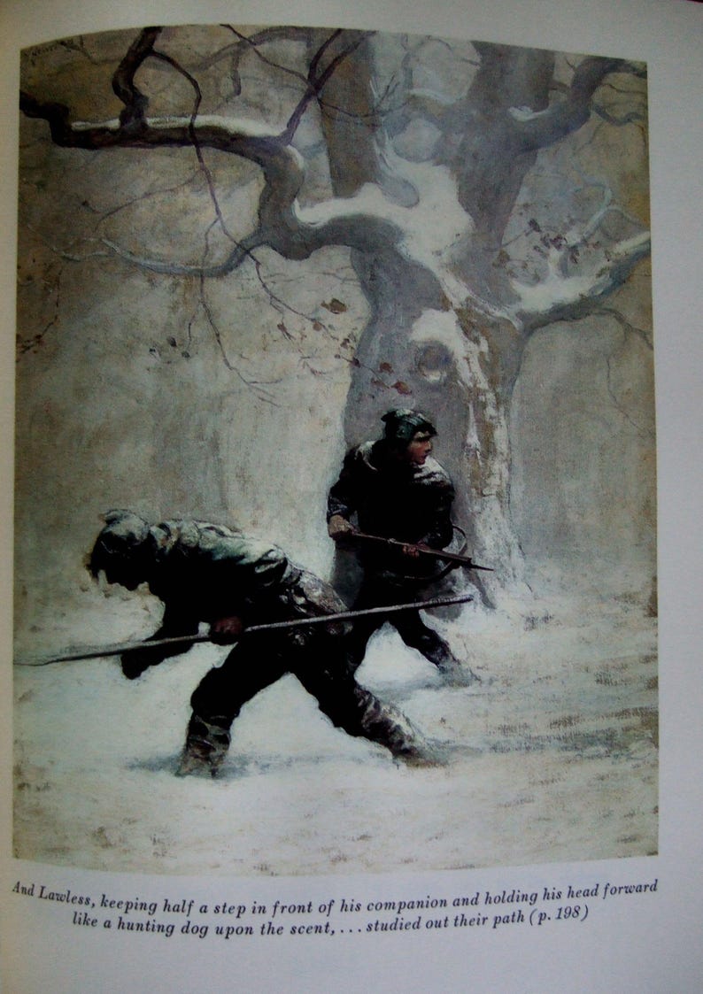 May include: An illustration of two figures in dark clothing walking through a snowy landscape, each holding a long, thin object. A large tree with bare branches is in the background. The text at the bottom reads: "And Lawless, keeping half a step in front of his companion..."