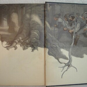 May include: An open book with illustrations of a forest scene and a group of men with bows and arrows. The forest scene features large trees with detailed bark. The men are dressed in period clothing, suggesting a historical or fantasy theme.