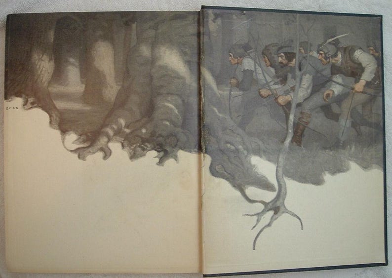 May include: An open book with illustrations of a forest scene and a group of men with bows and arrows. The forest scene features large trees with detailed bark. The men are dressed in period clothing, suggesting a historical or fantasy theme.