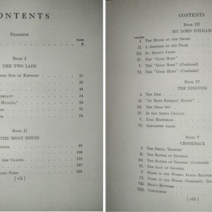 May include: Two-page spread from a vintage book, featuring the table of contents. The text is in black font on a light gray background. The titles of the books and chapters are listed with page numbers.