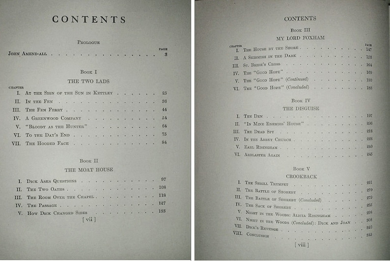 May include: Two-page spread from a vintage book, featuring the table of contents. The text is in black font on a light gray background. The titles of the books and chapters are listed with page numbers.