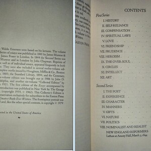 May include: Open book with the title "CONTENTS" and a list of chapters from "The Essays of Ralph Waldo Emerson." The text is printed in black on off-white pages. The book is from The Easton Press.