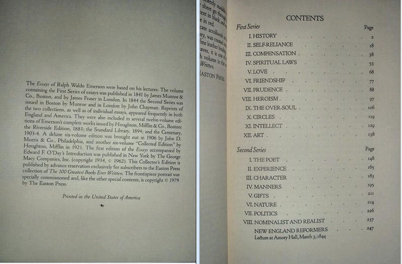 May include: Open book with the title "CONTENTS" and a list of chapters from "The Essays of Ralph Waldo Emerson." The text is printed in black on off-white pages. The book is from The Easton Press.