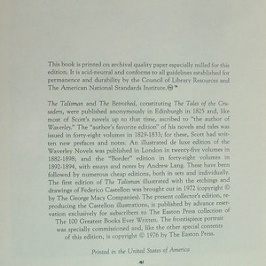 May include: A page from a book printed on archival quality paper. The text describes the publication history of "The Talisman" and "The Betrothed" by Sir Walter Scott. The text mentions the Council of Library Resources and the American National Standards Institute.