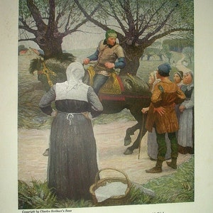 May include: An illustration from a book depicts a man on horseback, wearing a green hat, addressing a group of people. A woman in a white bonnet stands in the foreground. The text reads, "They cannot better die than for their natural lord," said Dick.