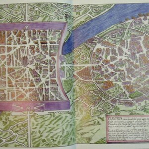 May include: A vintage illustration of the city of Elbing, Germany, with a detailed map of the city's layout and surrounding areas. The map is drawn in a colorful style with a purple border and a river running through the city. The text below the map reads "ELBING, this beautiful and old city, was erected in 1335, and received its name from the river Elbing, which flows by it. It is a very ancient city, and was built by the Teutonic Knights, in the year 1237. It is a very important city, and is the capital of the province of West Prussia. It is a very large city, and has a population of about 40,000. It is a very beautiful city, and is well worth a visit."