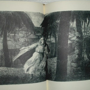May include: A black and white illustration of a person in a long robe walking through a forest. The person is wearing a hood and has a long beard. The forest is dense and dark, with tall trees and thick foliage.
