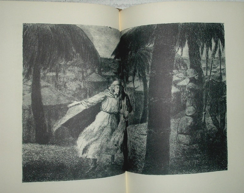 May include: A black and white illustration of a person in a long robe walking through a forest. The person is wearing a hood and has a long beard. The forest is dense and dark, with tall trees and thick foliage.