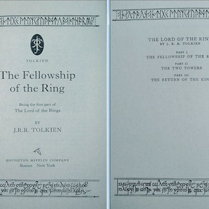 May include: The Lord of the Rings book cover featuring the title "The Fellowship of the Ring" and "The Return of the King" with the author J.R.R. Tolkien. The cover is a light blue colour with a black border and a symbol of a tree with a star on top.