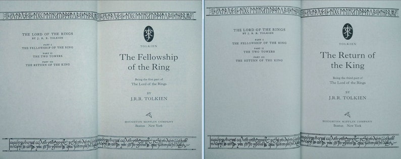 May include: The Lord of the Rings book cover featuring the title "The Fellowship of the Ring" and "The Return of the King" with the author J.R.R. Tolkien. The cover is a light blue colour with a black border and a symbol of a tree with a star on top.