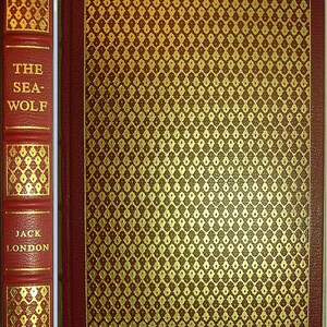 May include: A red leather-bound book with gold lettering on the spine. The title is "The Sea-Wolf" by Jack London. The cover features a repeating pattern of gold diamonds on a red background.