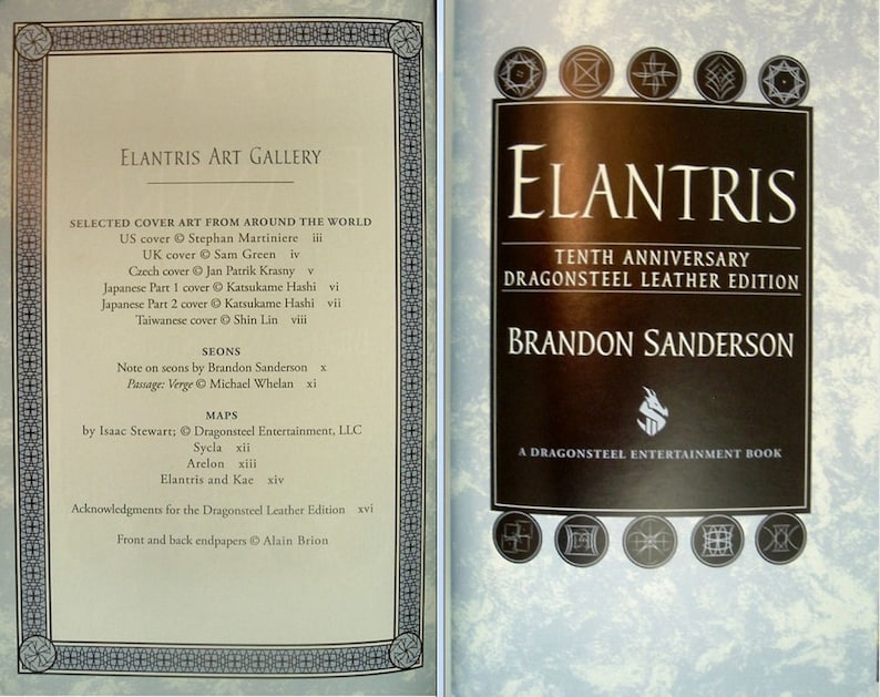 May include: A book cover for the tenth anniversary Dragonsteel Leather Edition of the fantasy novel "Elantris" by Brandon Sanderson. The cover features a silver dragon on a black background with the title "Elantris" in gold lettering.