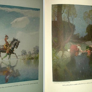 May include: Two illustrations from a book. The first shows a person on horseback crossing water, with a reflection in the water. The second shows two people drinking from a pond at night. The illustrations are in a vintage style.