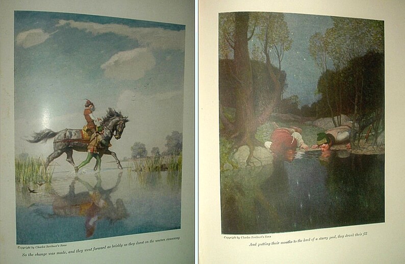 May include: Two illustrations from a book. The first shows a person on horseback crossing water, with a reflection in the water. The second shows two people drinking from a pond at night. The illustrations are in a vintage style.
