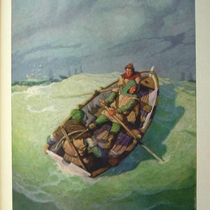 May include: Illustration of a small boat with three people in it, navigating rough, green waters under a stormy sky. The boat is brown, and the figures are dressed in green and brown clothing. The text at the bottom reads: "The little cockle dipped into the swell and staggered under every gust of wind."