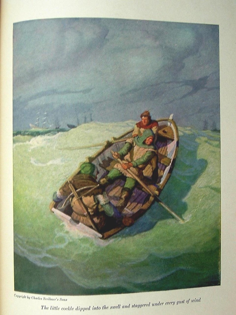 May include: Illustration of a small boat with three people in it, navigating rough, green waters under a stormy sky. The boat is brown, and the figures are dressed in green and brown clothing. The text at the bottom reads: "The little cockle dipped into the swell and staggered under every gust of wind."