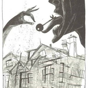 K&ouml;nnte beinhalten: Schwarz-Wei&szlig;-Illustration, die einen Schl&uuml;ssel zeigt, der einer monstr&ouml;sen Figur mit gro&szlig;em Mund angeboten wird. Eine Hand reicht den Schl&uuml;ssel der Figur entgegen. Darunter ist eine detaillierte Skizze eines Geb&auml;udes mit mehreren Fenstern und einem Schornstein zu sehen.