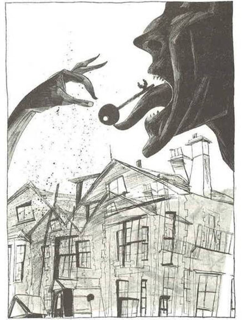 K&ouml;nnte beinhalten: Schwarz-Wei&szlig;-Illustration, die einen Schl&uuml;ssel zeigt, der einer monstr&ouml;sen Figur mit gro&szlig;em Mund angeboten wird. Eine Hand reicht den Schl&uuml;ssel der Figur entgegen. Darunter ist eine detaillierte Skizze eines Geb&auml;udes mit mehreren Fenstern und einem Schornstein zu sehen.