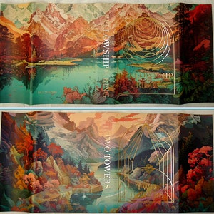 May include: The Fellowship of the Ring and The Two Towers book covers feature a landscape painting with mountains, a lake, and trees. The covers are in a vintage style with gold and silver accents.