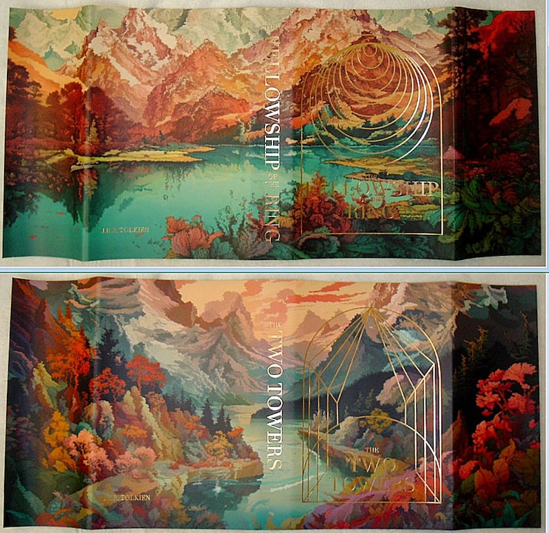 May include: The Fellowship of the Ring and The Two Towers book covers feature a landscape painting with mountains, a lake, and trees. The covers are in a vintage style with gold and silver accents.