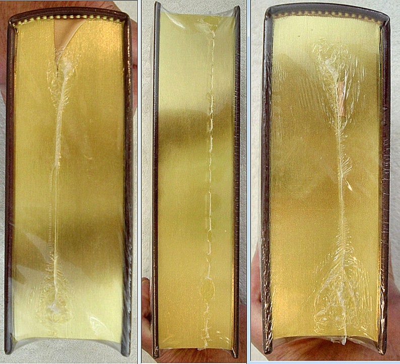 May include: Close-up of the spine of a hardcover book with a gold cover and a clear plastic dust jacket. The book is bound with a sewn binding and the spine is visible through the plastic.