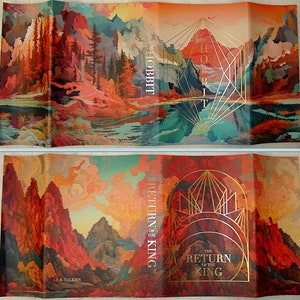 May include: The Hobbit and The Return of the King book covers with a colourful, abstract landscape design. The covers feature a gold geometric design with the book titles.