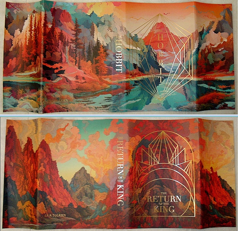May include: The Hobbit and The Return of the King book covers with a colourful, abstract landscape design. The covers feature a gold geometric design with the book titles.