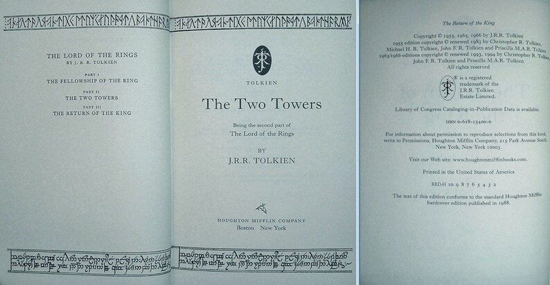 May include: The Two Towers, the second part of The Lord of the Rings by J.R.R. Tolkien. The book cover features a blue background with black text and a symbol of a tree with a ring.