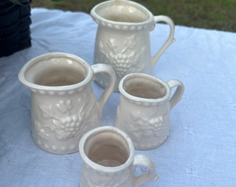 Vintage White Ceramic Pitcher Style Measuring Cups With Embossed Grape Clusters Set /Vintage Kitchenware