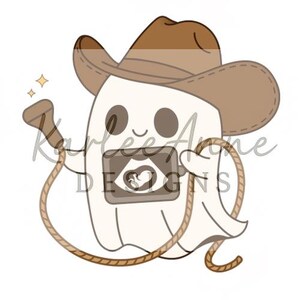 Può includere: Un fantasma dei cartoni animati con un cappello da cowboy marrone e una corda. Il fantasma ha una faccia sorridente e tiene in mano un'immagine ecografica con un'immagine a forma di cuore. Due stelle gialle sono nell'angolo in alto a sinistra.