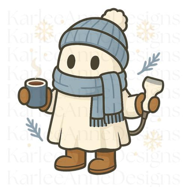 May include: A cartoon character dressed for winter, wearing a light blue knit hat with a pom-pom, matching scarf, and mittens. The character holds a mug of hot beverage and a ski pole, with brown boots and a white coat. Snowflakes and sprigs are in the background.