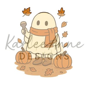 Puede incluir: Ilustración de dibujos animados de un fantasma con bufanda y botas, sosteniendo un micrófono, con calabazas y hojas de otoño. El fantasma es beige con ojos marrones y una bufanda naranja claro. El texto "Karlee phone DESIGNS" está en la imagen.