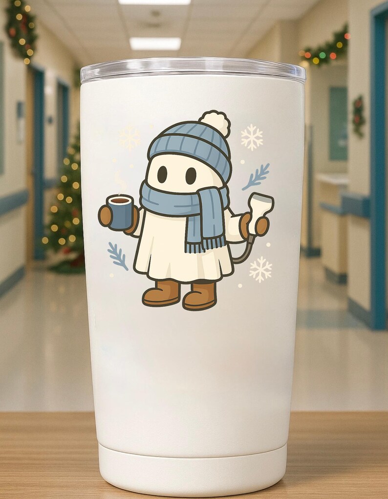 May include: A white insulated tumbler featuring a cartoon character in a winter outfit. The character wears a blue hat, scarf, and holds a mug and a thermometer. Decorative snowflakes and sprigs are scattered around the character.