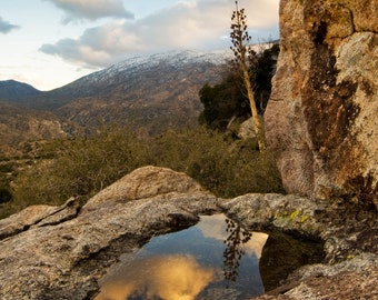 Montanha Martinez, Pôr do sol, Reflexo, Arte de parede, Impressão de paisagem, Fotografia da natureza, Deserto, Califórnia, Neve, Palm Springs
