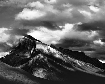 Mount Rundle, Banff, Alberta Canada, Rocky Mountains, Wall Art, Black and White, Landscape Print, Nature Photography, Mountain, Cloudy Sky