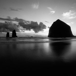Cannon Beach Sunset, Black and White, Wall Art, Landscape Print ,Nature Photography, Pacific Northwest Photo, Oregon Coast, Sunset, Seastack