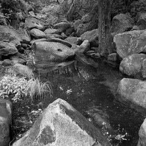 Puede incluir: Fotografía en blanco y negro de un arroyo natural que fluye a través de un paisaje rocoso. Grandes rocas bordean las orillas del arroyo, con árboles y follaje visibles en el fondo. El agua refleja el entorno.