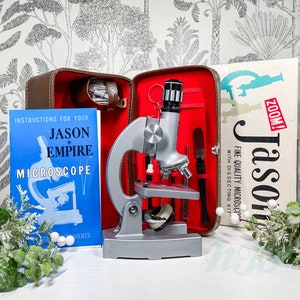 Jason 712M Deluxe 900x magnification working microscope kit with leather case and dissection tools - 1964 vintage educational microscope
