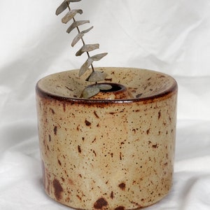 May include: A small, round, ceramic vase with a speckled brown and beige glaze. The vase has a wide opening and a narrow neck. A single sprig of dried eucalyptus is in the vase.