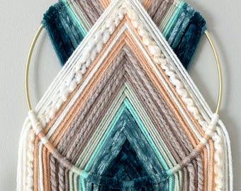 Woven Wall Hanging, Coastal Boho Neutral Beach Decor, Brass Ring Macrame