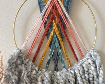 Earthy Rainbow Macrame Wall Hanging: Yarn Hoop Wall Decor