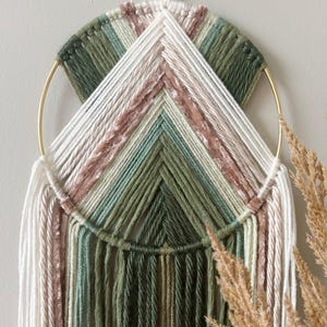 Sage Green Ivory Macrame Wall Hanging, Boho Geometric Fiber Art, Brass Ring Decor
