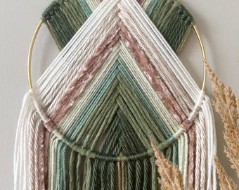 Sage Green Ivory Macrame Wall Hanging, Boho Geometric Fiber Art, Brass Ring Decor