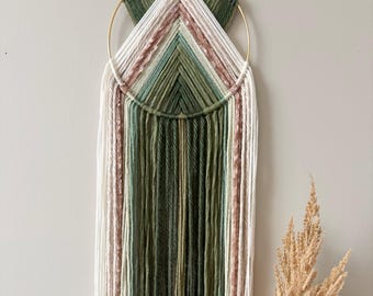 Sage Green Yarn Wall Hanging: Boho Fiber Art Decor, Brass Ring