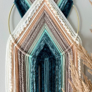 Blue Teal Yarn Hoop Wall Hanging: Modern Boho Nursery Decor