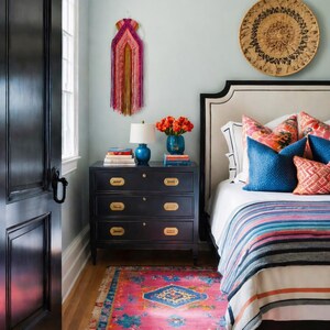 May include: A bedroom scene featuring a black dresser with gold hardware, a vibrant pink rug, and a bed with colorful pillows and a striped blanket. A woven wall hanging and a decorative plate add to the room's decor.